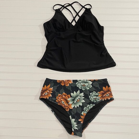Cupshe Other - Cupshe Swimsuit Women  XL Black Tankini Adj Tie Sides Cross Back 2 Piece Cheeky